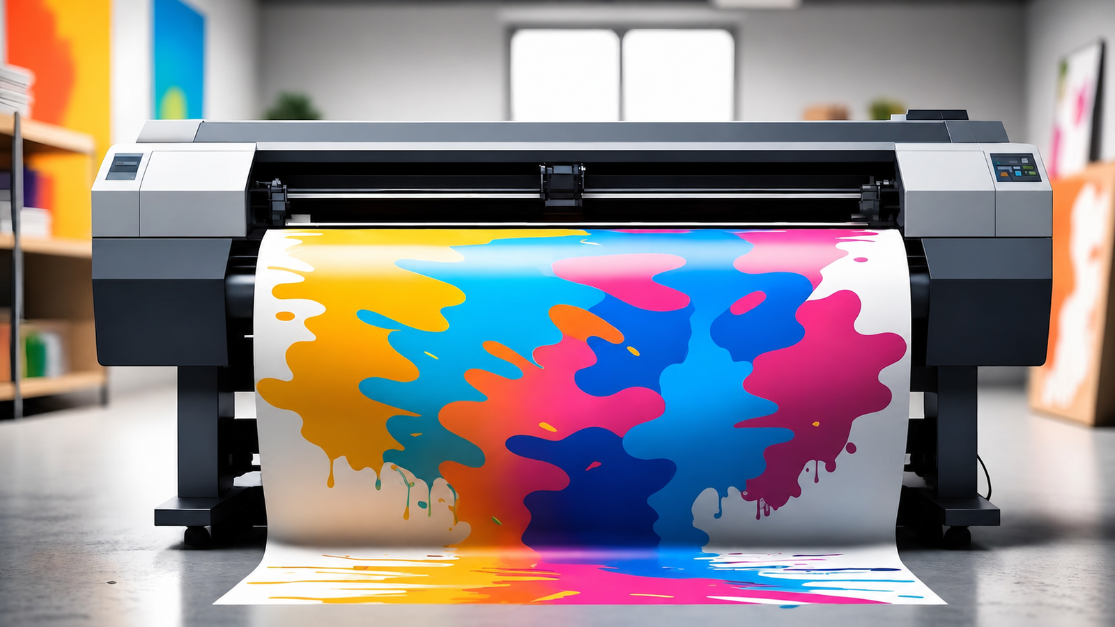 Large-format printer producing a colourful print